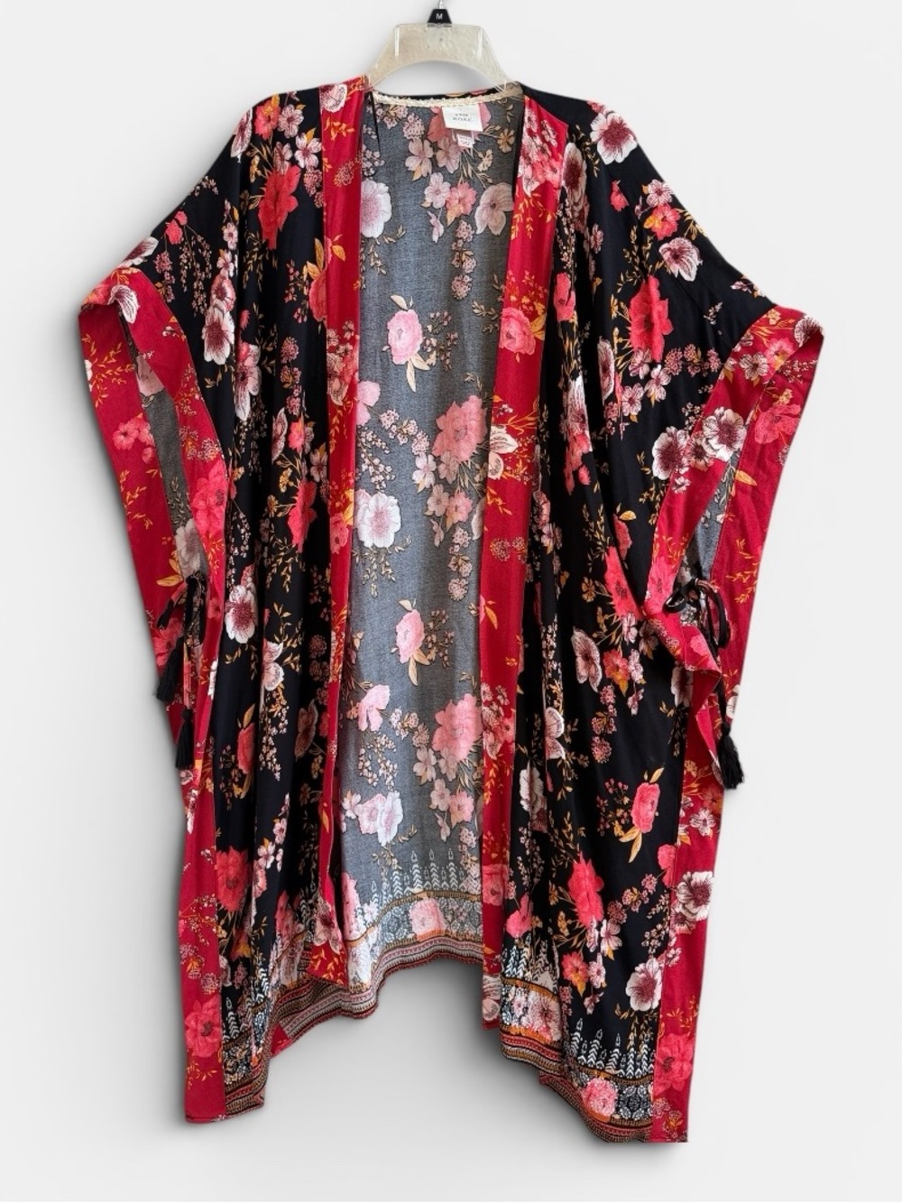 Floral Open-Front Kimono Cardigan - Black & Red